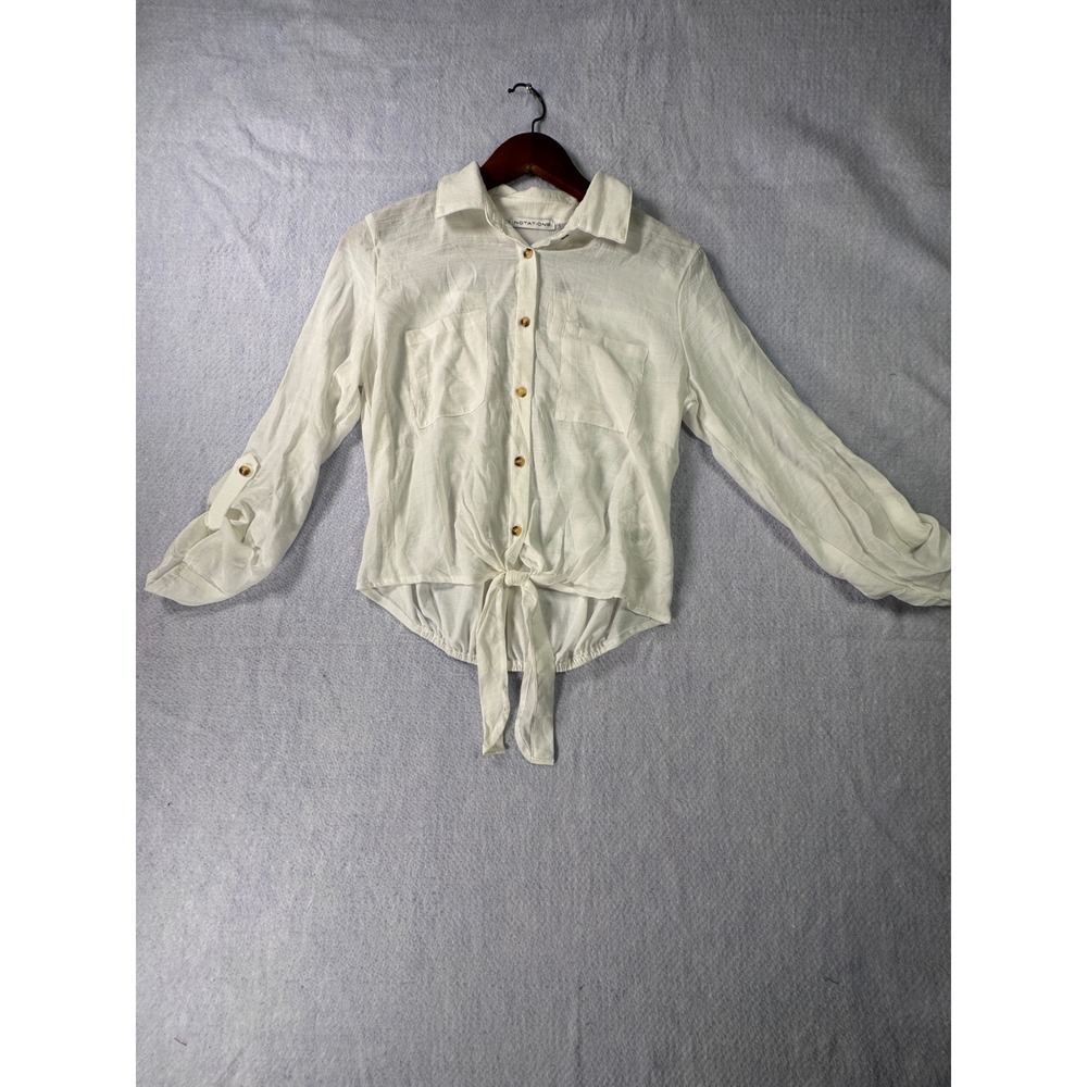 Notations Womens White Roll Tab Sleeve Front Tie Button Down Shirt RJB2282 New S
